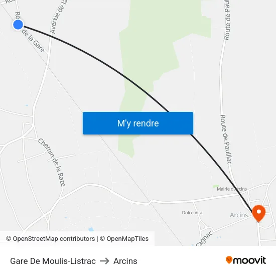 Gare De Moulis-Listrac to Arcins map