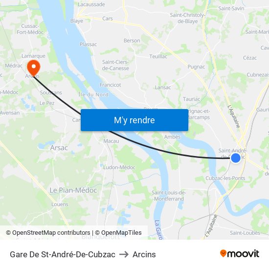 Gare De St-André-De-Cubzac to Arcins map