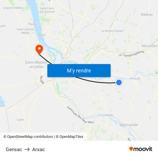 Gensac to Arsac map