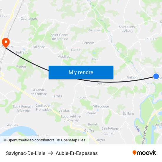 Savignac-De-L'Isle to Aubie-Et-Espessas map