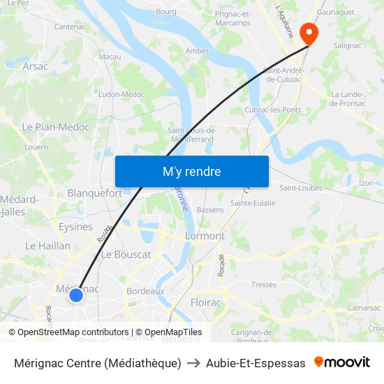 Mérignac Centre (Médiathèque) to Aubie-Et-Espessas map