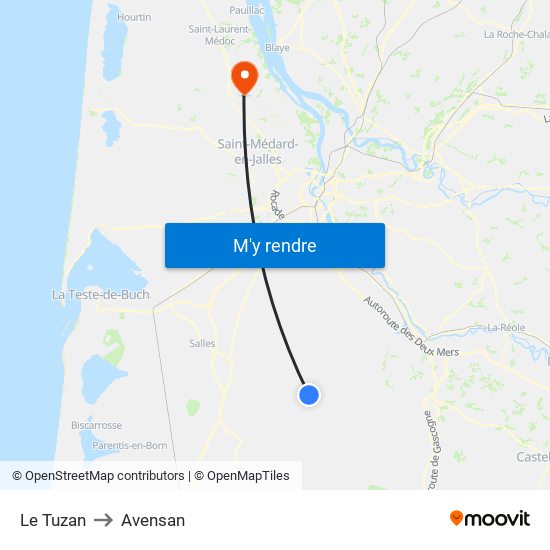 Le Tuzan to Avensan map