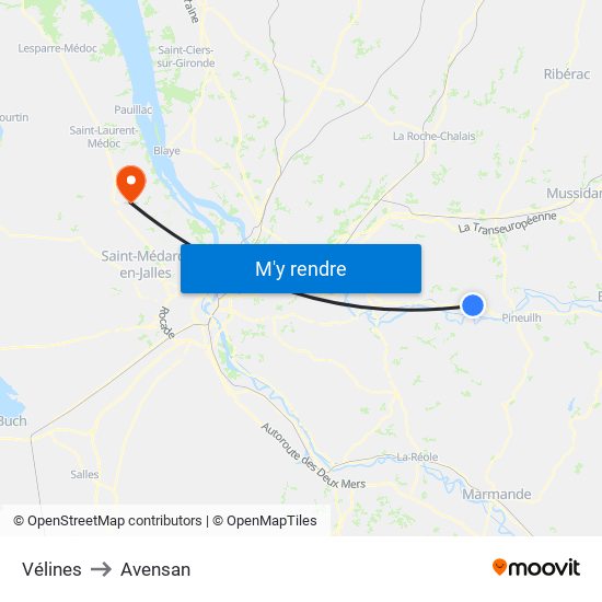 Vélines to Avensan map
