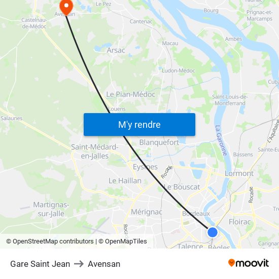 Gare Saint Jean to Avensan map