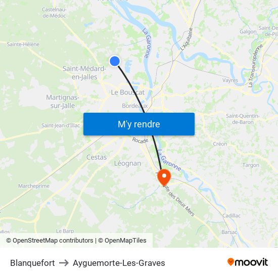 Blanquefort to Ayguemorte-Les-Graves map