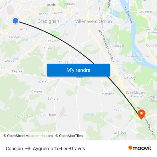 Canejan to Ayguemorte-Les-Graves map