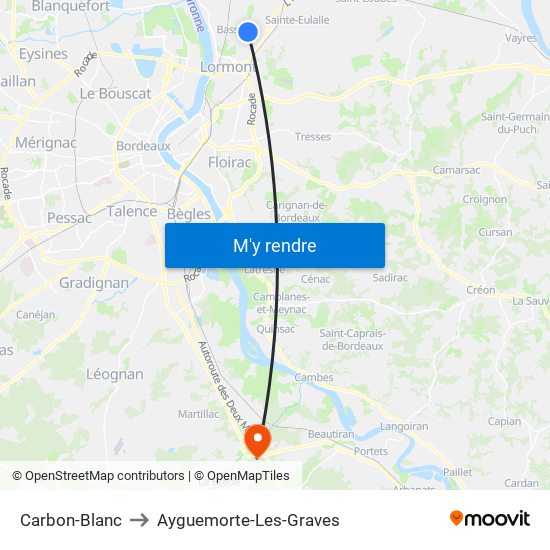 Carbon-Blanc to Ayguemorte-Les-Graves map