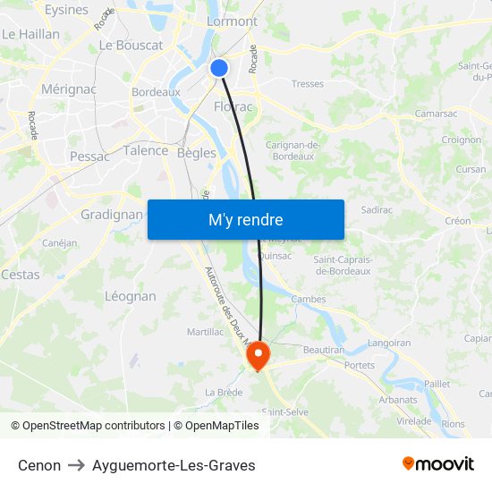 Cenon to Ayguemorte-Les-Graves map