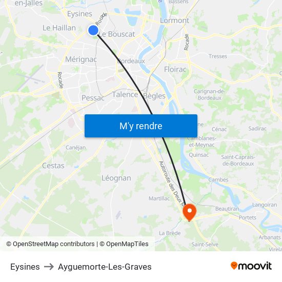 Eysines to Ayguemorte-Les-Graves map