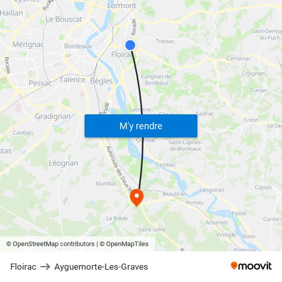 Floirac to Ayguemorte-Les-Graves map