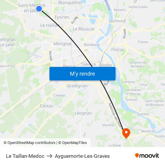 Le Taillan-Medoc to Ayguemorte-Les-Graves map