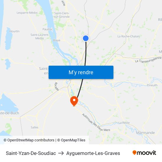 Saint-Yzan-De-Soudiac to Ayguemorte-Les-Graves map