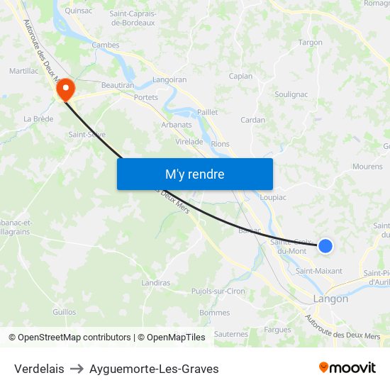 Verdelais to Ayguemorte-Les-Graves map