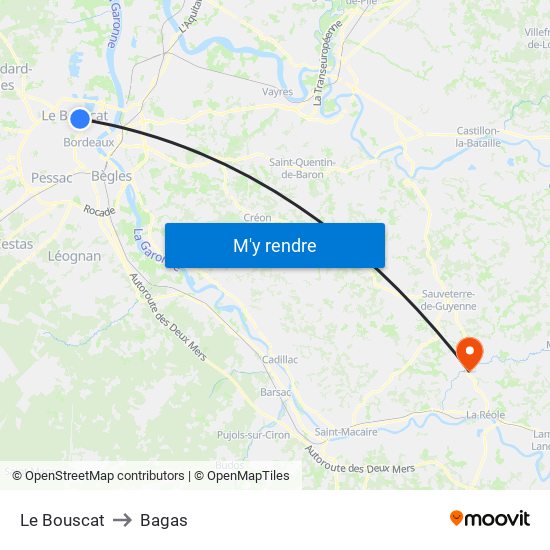 Le Bouscat to Bagas map