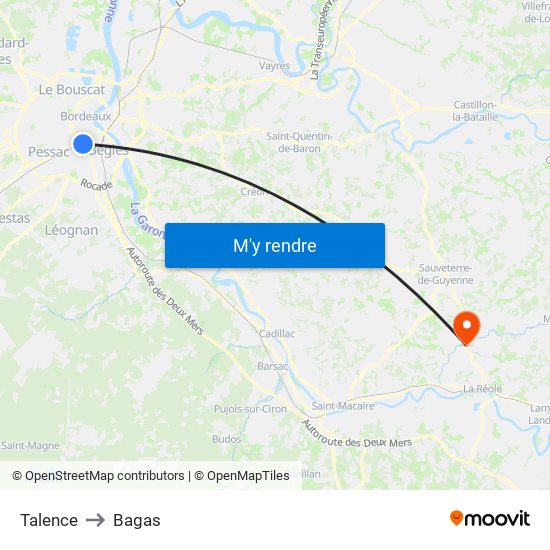 Talence to Bagas map