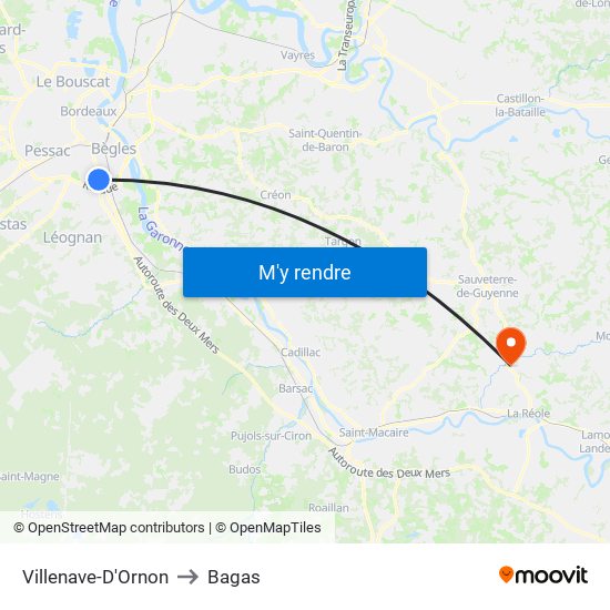 Villenave-D'Ornon to Bagas map