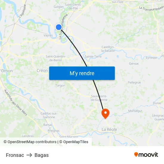 Fronsac to Bagas map