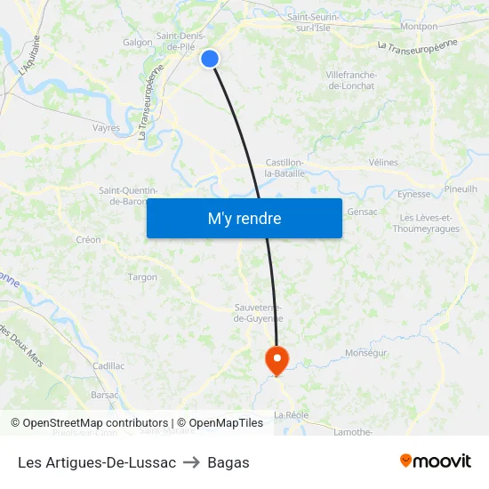 Les Artigues-De-Lussac to Bagas map