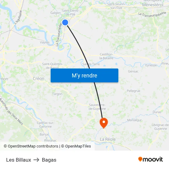 Les Billaux to Bagas map