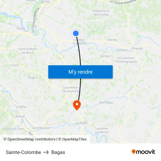 Sainte-Colombe to Bagas map