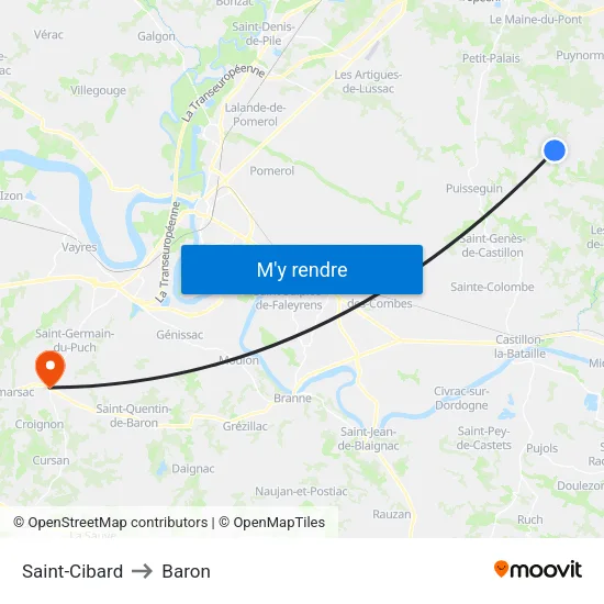 Saint-Cibard to Baron map