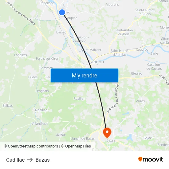 Cadillac to Bazas map