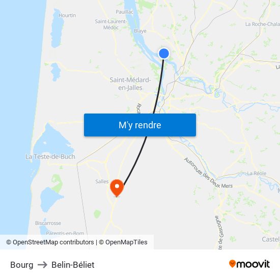 Bourg to Belin-Béliet map