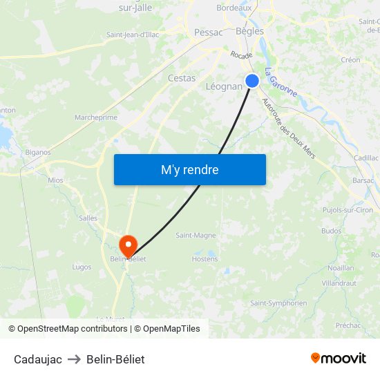 Cadaujac to Belin-Béliet map
