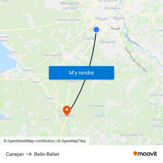 Canejan to Belin-Béliet map