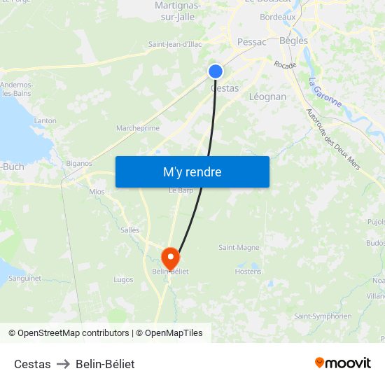 Cestas to Belin-Béliet map
