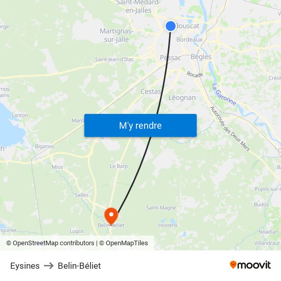 Eysines to Belin-Béliet map