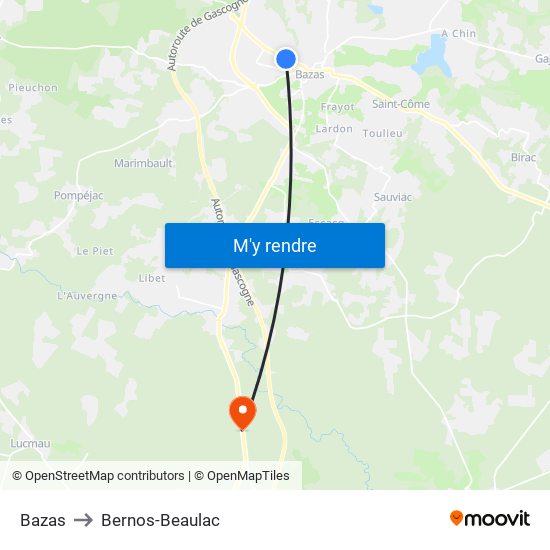 Bazas to Bernos-Beaulac map