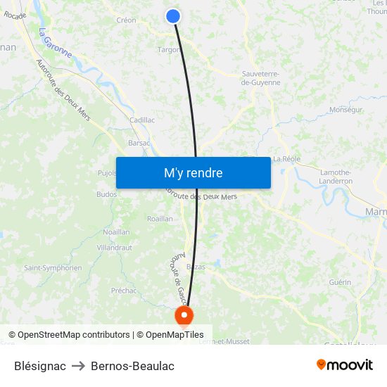 Blésignac to Bernos-Beaulac map