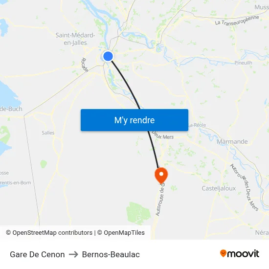 Gare De Cenon to Bernos-Beaulac map