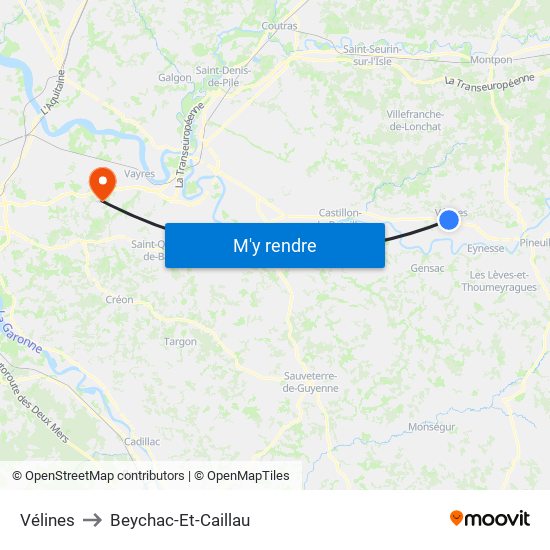 Vélines to Beychac-Et-Caillau map