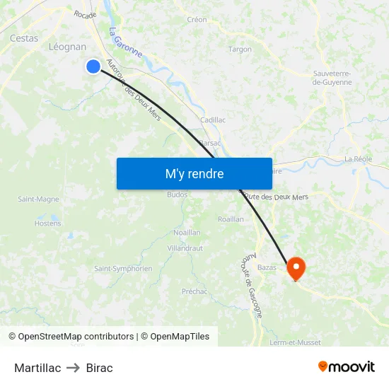 Martillac to Birac map