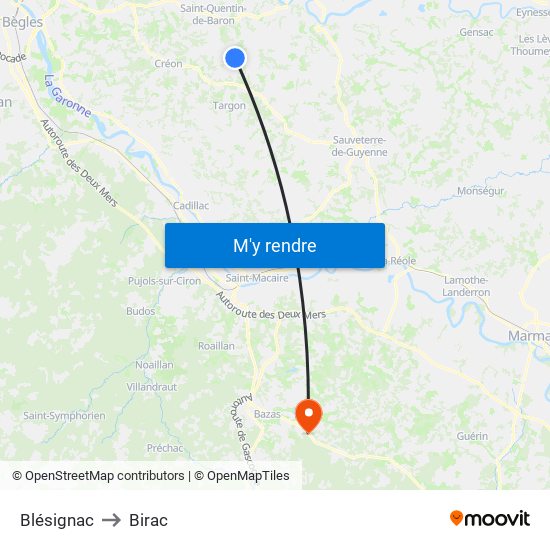 Blésignac to Birac map