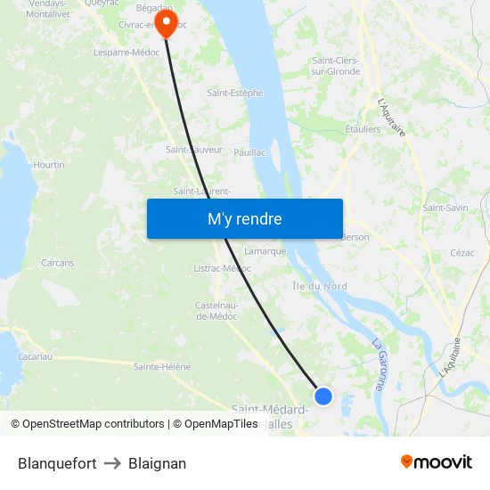 Blanquefort to Blaignan map