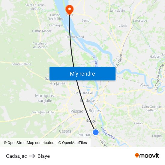 Cadaujac to Blaye map