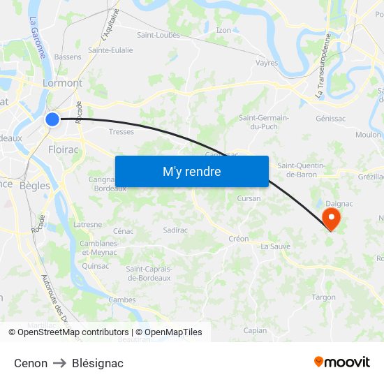 Cenon to Blésignac map