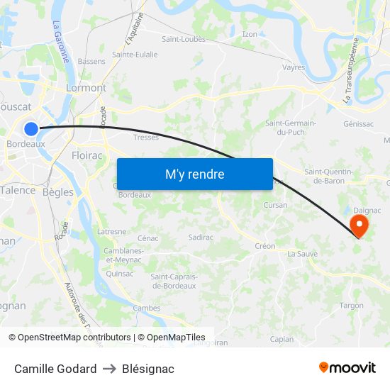 Camille Godard to Blésignac map
