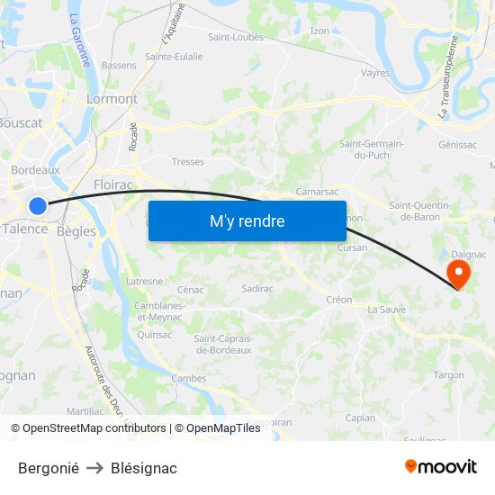 Bergonié to Blésignac map