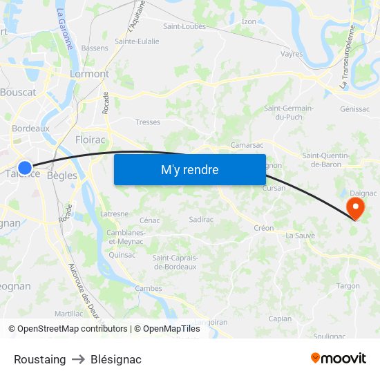 Roustaing to Blésignac map