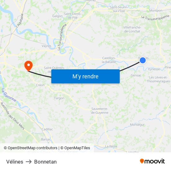 Vélines to Bonnetan map