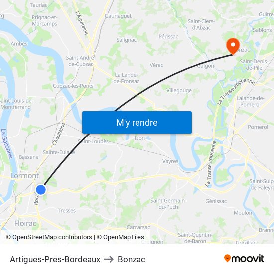 Artigues-Pres-Bordeaux to Bonzac map