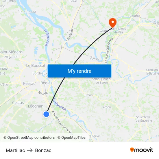 Martillac to Bonzac map