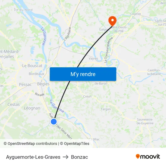 Ayguemorte-Les-Graves to Bonzac map