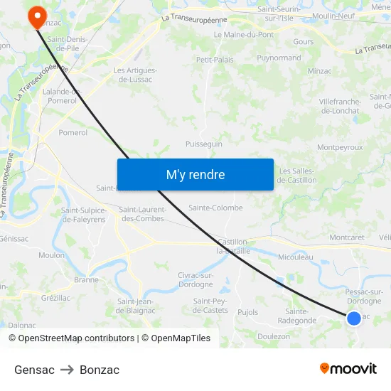 Gensac to Bonzac map