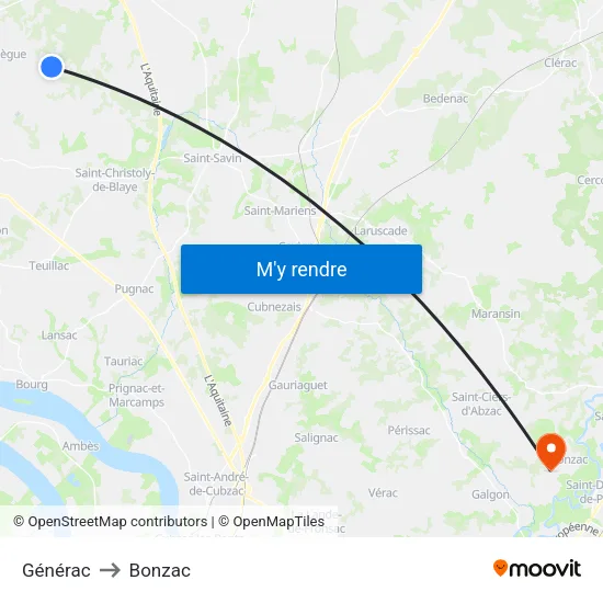 Générac to Bonzac map