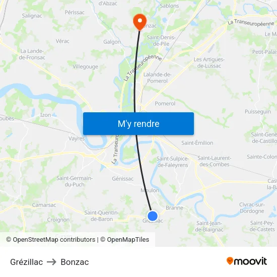 Grézillac to Bonzac map